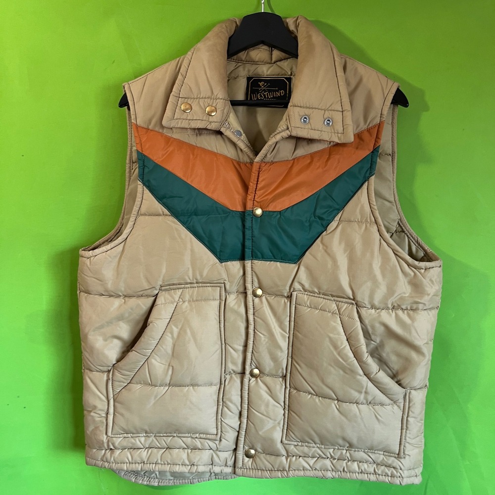 Vintage Westwind Sportswear Puffer Vest Tan Orange Green Chevron USA Made Mens L